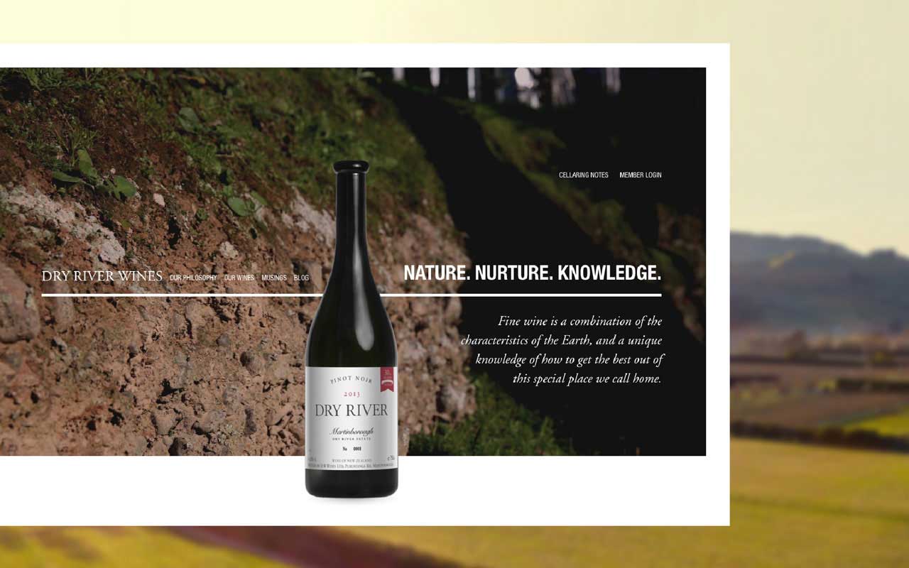 Dry River wines website screenshot featuring a centred bottle